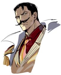 Rule 34 | 1boy, black hair, epaulettes, facial hair, from below, jacket, looking to the side, male focus, mustache, necktie, one piece, raine (acke2445), red shirt, shirt, short hair, simple background, solo, stainless (one piece), upper body, v-shaped eyebrows, white background, yellow jacket, yellow necktie