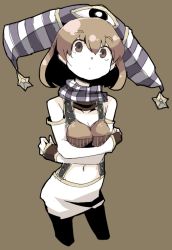Rule 34 | 1girl, :&lt;, bare shoulders, breast hold, breasts, brown eyes, brown hair, cropped legs, dokan (dkn), female focus, hat, looking at viewer, matching hair/eyes, muted color, navel, original, scarf, simple background, skirt, solo, standing, striped clothes, striped headwear, striped scarf