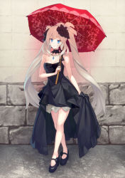 Rule 34 | 1girl, asymmetrical gloves, bad id, bad pixiv id, black dress, black flower, black footwear, black gloves, blue eyes, breasts, choker, cleavage, dress, fate/grand order, fate (series), flower, gloves, hair flower, hair ornament, highres, holding, holding umbrella, jewelry, kaina (tsubasakuronikuru), long hair, looking at viewer, marie antoinette (fate), marie antoinette (formal dress) (fate), mary janes, medium breasts, necklace, official alternate costume, red umbrella, shoes, short dress, silver hair, skirt hold, sleeveless, sleeveless dress, smile, solo, standing, strapless, strapless dress, twintails, umbrella, uneven gloves, very long hair