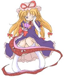 Rule 34 | 1girl, blonde hair, blush, bow, dress, elbow gloves, female focus, folding fan, full body, gap (touhou), geetsu, gloves, hand fan, hand on own face, knees together feet apart, long hair, looking at viewer, no shoes, one eye closed, ribbon, socks, solo, touhou, white background, white gloves, white socks, yakumo yukari