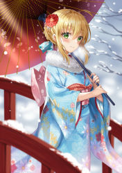 Rule 34 | 1girl, ahoge, alternate costume, artoria pendragon (all), artoria pendragon (fate), bad id, bad pixiv id, bare tree, blonde hair, blue kimono, blue ribbon, blurry, blurry background, blurry foreground, braid, braided bun, breath, bridge, closed mouth, commentary request, depth of field, fate/grand order, fate (series), floral print, flower, fur collar, green eyes, hair between eyes, hair bun, hair flower, hair ornament, hair ribbon, harimoji, holding, holding umbrella, japanese clothes, kimono, long hair, long sleeves, looking at viewer, obi, oil-paper umbrella, outdoors, print kimono, red flower, ribbon, saber (fate), sash, sidelocks, smile, snow, solo, standing, tree, umbrella, wide sleeves, winter