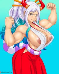 Rule 34 | 1girl, breasts, clothes, ear piercing, gradient hair, horns, huge breasts, long hair, looking at viewer, multicolored hair, muscular, muscular female, one piece, piercing, smile, solo, tongue, tongue out, ttrop, yamato (one piece)