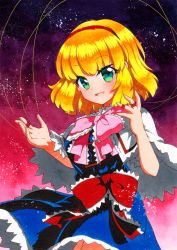 Rule 34 | 1girl, alice margatroid, bad id, bad pixiv id, blonde hair, blue dress, cape, cowboy shot, dress, gradient background, green eyes, hairband, highres, looking at viewer, open mouth, pink neckwear, puppet strings, qqqrinkappp, red hairband, short hair, solo, string, touhou, traditional media, white cape