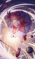 Rule 34 | 1girl, absurdres, bow, bubble skirt, cloud, collarbone, dress, floating, floating object, footwear bow, frilled skirt, frilled sleeves, frilled socks, frills, full body, glowing, hair bow, highres, kaname madoka, lan su, leaning forward, looking at viewer, magical girl, mahou shoujo madoka magica, mahou shoujo madoka magica (anime), outstretched arms, pink dress, planet, puffy short sleeves, puffy sleeves, red footwear, running, shoes, short hair, short sleeves, short twintails, skirt, smile, socks, solo, soul gem, twintails, white skirt, white socks, yellow eyes
