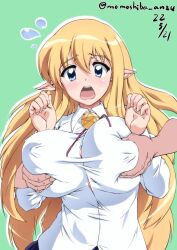 Rule 34 | 1girl, blonde hair, blue eyes, dated, elf, grabbing, grabbing another&#039;s breast, grabbing from behind, long hair, nafta, open mouth, pointy ears, red ribbon, ribbon, school uniform, shirt, signature, simple background, solo focus, teeth, tiffania westwood, upper teeth only, white shirt, zero no tsukaima