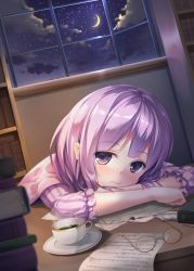 Rule 34 | 1girl, blush, book, book stack, bookshelf, capelet, cloud, crescent, crescent moon, cup, desk, dress, feathers, glasses, looking at viewer, moon, night, oukatihiro, paper, patchouli knowledge, purple eyes, purple hair, sky, solo, star (sky), starry sky, striped clothes, striped dress, teacup, touhou, unworn eyewear, window