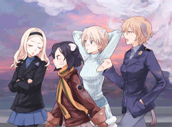 Rule 34 | 10s, 4girls, aleksandra i. pokryshkin, animal ears, arms behind head, bandages, black hair, blonde hair, brave witches, brown hair, closed eyes, crossed arms, dog ears, ermine ears, face, hairband, hands in pockets, headband, kanno naoe, long hair, military, military uniform, multiple girls, nikka edvardine katajainen, pantyhose, pe88y (yu tsugirls), scarf, short hair, skirt, strike witches, striped clothes, striped scarf, tail, talking, uniform, walking, waltrud krupinski, white pantyhose, world witches series
