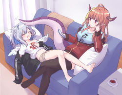Rule 34 | 2girls, amane kanata, angel, angel wings, barefoot, black jacket, black thighhighs, blue hair, blue shirt, blush, borrowed clothes, bow, cellphone, couch, crossed legs, dragon girl, dragon horns, dragon tail, feathered wings, highres, hitsuji nata, holding, holding phone, hololive, horn bow, horn ornament, horns, indoors, jacket, kiryu coco, long hair, long sleeves, multicolored hair, multiple girls, navel, phone, pillow, pointy ears, red jacket, shirt, short shorts, shorts, silver hair, sitting, sleeping, smartphone, streaked hair, tail, thighhighs, virtual youtuber, white shirt, wings