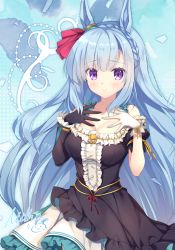 Rule 34 | 1girl, animal ears, asymmetrical sleeves, black dress, black gloves, blue hair, blush, braid, breasts, cleavage, closed mouth, collarbone, commentary request, crown braid, dress, frilled dress, frills, gloves, hands up, horse ears, long hair, long sleeves, looking at viewer, mejiro ardan (umamusume), mitha, puffy short sleeves, puffy sleeves, purple eyes, short sleeves, signature, smile, solo, umamusume, very long hair, white gloves