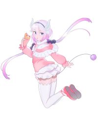 Rule 34 | 1girl, absurdres, ass, black hairband, blue eyes, capelet, crepe, floating hair, food, from behind, gradient hair, hair bobbles, hair ornament, hairband, highres, holding, holding food, horns, kanna kamui, kobayashi-san chi no maidragon, long hair, long sleeves, looking at viewer, looking back, milim nova, multicolored hair, multiple horns, parted lips, pink hair, pink shirt, red footwear, shirt, shoes, simple background, solo, tail, thighhighs, twintails, very long hair, white background, white thighhighs