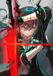 Rule 34 | 1girl, angry, arknights, black hair, ch&#039;en (arknights), closed mouth, coat, fingerless gloves, gloves, glowing, holding, holding sword, holding weapon, horns, jacket, long hair, looking at viewer, multicolored eyes, necktie, serious, signature, simple background, sleeves rolled up, solo, standing, sword, weapon, yamahara