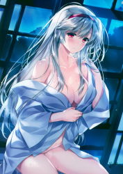 Rule 34 | 1girl, absurdres, bare shoulders, blush, breasts, character request, cleavage, collarbone, cowboy shot, highres, huge filesize, long hair, medium breasts, night, no panties, pussy juice, red eyes, scan, scan artifacts, scan dust, sennen sensou aigis, shirt, signature, silver hair, sitting, solo, sweat, white shirt, yasaka minato