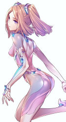 Rule 34 | 1girl, :o, ass, bodysuit, breasts, brown hair, from side, high heels, highres, impossible bodysuit, impossible clothes, looking at viewer, looking to the side, maruchi, medium breasts, original, parted bangs, parted lips, pink bodysuit, purple eyes, simple background, skin tight, solo, standing, standing on one leg, twintails, white background
