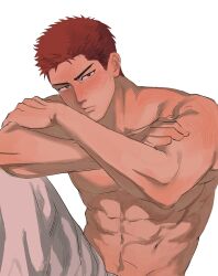 Rule 34 | 1boy, 79, abs, black eyes, blush, body blush, crossed arms, head rest, highres, looking at viewer, male focus, red hair, sakuragi hanamichi, short hair, simple background, slam dunk (series), solo, topless male, upper body, white background