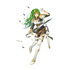 Rule 34 | 1girl, arm up, armor, belt, boots, breastplate, breasts, broken armor, damaged, dress, female focus, fire emblem, fire emblem: the sacred stones, fire emblem heroes, gloves, green eyes, green hair, headband, high heel boots, high heels, holding, holding sword, holding weapon, long hair, matching hair/eyes, medium breasts, nintendo, official art, orange headband, pantyhose, pencil dress, sheath, solo, swinging, sword, syrene (fire emblem), thigh boots, torn boots, torn clothes, torn pantyhose, v-shaped eyebrows, weapon, white background, white footwear, white gloves