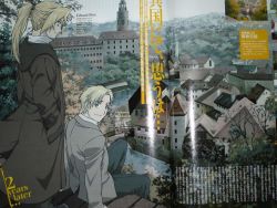 Rule 34 | 00s, 2boys, alfons heiderich, alphonse heiderich, blonde hair, blue eyes, brothers, building, city, cityscape, coat, conqueror of shambala, dress shirt, edward elric, fullmetal alchemist, hands in pockets, long hair, looking back, male focus, multiple boys, official art, outdoors, ponytail, scan, shirt, short hair, siblings, sitting, sky, smile, standing, tree, trench coat, water, yellow eyes