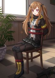 Rule 34 | 1girl, armband, arms behind back, bdsm, black bow, black footwear, black jacket, black ribbon, black skirt, blush, bondage, boots, bound, bow, breasts, brown pantyhose, chair, commentary, commission, cross-laced footwear, day, dress shirt, fang, girls&#039; frontline, h&amp;k ump, hair bow, hair ornament, hairclip, highres, hood, hood down, hooded jacket, indoors, jacket, kazenokaze, lace-up boots, light brown hair, long hair, looking at viewer, name connection, navel, neck ribbon, object namesake, on chair, open clothes, open jacket, open mouth, pantyhose, picture frame, plant, pleated skirt, potted plant, red eyes, ribbon, scar, scar across eye, scar on face, shirt, sitting, skirt, small breasts, solo, sunlight, tied to chair, twintails, ump9 (girls&#039; frontline), very long hair, wavy mouth, white shirt, window, wooden wall