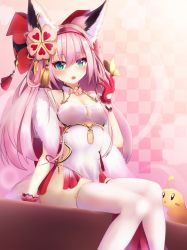 Rule 34 | 1girl, akiyama neo, animal ears, azur lane, bare shoulders, breasts, bug, butterfly, butterfly on hand, checkered background, china dress, chinese clothes, cleavage, clothing cutout, dress, feather boa, flower, gloves, gold trim, green eyes, hair flower, hair ornament, hairband, hanazuki (azur lane), hanazuki (blossoming spring resplendent moon) (azur lane), highres, insect, manjuu (azur lane), medium breasts, official alternate costume, pelvic curtain, pink background, pink gloves, pink hair, pink hairband, sitting, sleeveless, sleeveless dress, solo, thighhighs, white thighhighs, yellow butterfly