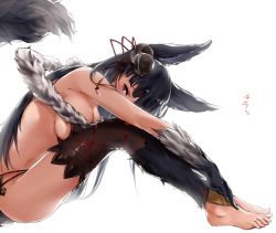 Rule 34 | 10s, 1girl, animal ears, bad id, bad pixiv id, bare shoulders, barefoot, bell, breast press, breasts, erune, fox ears, fox tail, fur, gloves, granblue fantasy, hair bell, hair ornament, hana mori, highres, hugging own legs, large breasts, leaning forward, long hair, red eyes, sideboob, sitting, solo, tail, thighhighs, yuel (granblue fantasy)