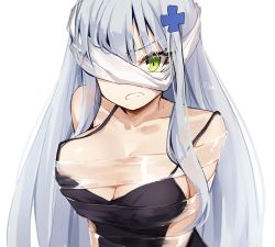 Rule 34 | 1girl, angry, ankkoyom, bad id, bad pixiv id, bare shoulders, blindfold, blindfold slip, bound, breasts, camisole, cleavage, clenched teeth, collarbone, cross hair ornament, eyelashes, girls&#039; frontline, green eyes, hair ornament, highres, hk416 (girls&#039; frontline), large breasts, long hair, looking at viewer, one eye covered, open mouth, signature, silver hair, solo, straight hair, tape, tape bondage, teeth, tied up (nonsexual), upper body, v-shaped eyebrows