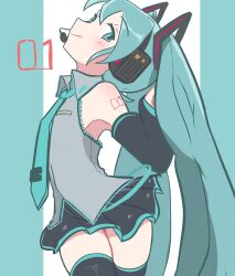 Rule 34 | 1girl, black skirt, black sleeves, black thighhighs, blue eyes, blue hair, blue necktie, closed mouth, detached sleeves, grey shirt, hair between eyes, hatsune miku, headset, highres, light blue hair, long hair, long sleeves, miniskirt, necktie, number tattoo, pleated skirt, shirt, shoulder tattoo, siawase2n, skirt, smile, solo, tattoo, thighhighs, twintails, very long hair, vocaloid, zettai ryouiki