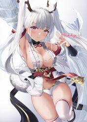 Rule 34 | 1girl, absurdres, armpits, artist name, azur lane, black footwear, breasts, detached sleeves, dragon girl, dragon horns, dragon tail, foot out of frame, hair on horn, highres, horns, large breasts, long hair, looking at viewer, makihige, orange eyes, panties, revealing clothes, ribbon-trimmed thighhighs, ribbon trim, shimanto (azur lane), simple background, solo, tail, thigh gap, thighhighs, underwear, very long hair, white background, white hair, white panties, white thighhighs