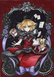 Rule 34 | 1girl, alice margatroid, alternate color, apron, blonde hair, blue eyes, book, bow, capelet, colored pencil (medium), dress, grimoire, grimoire of alice, hair bow, hairband, highres, lance, looking at viewer, mosho, open mouth, painting (medium), polearm, puffy short sleeves, puffy sleeves, puppet strings, red dress, sash, shanghai doll, short sleeves, touhou, traditional media, waist apron, watercolor (medium), weapon