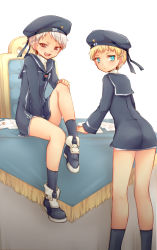 Rule 34 | 10s, 2boys, axis powers hetalia, blonde hair, blue eyes, holy roman empire (hetalia), kantai collection, looking at viewer, looking back, male focus, multiple boys, no pants, open mouth, prussia (hetalia), red eyes, short hair, simple background, sitting, tobi (one), trap, white background