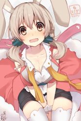 Rule 34 | 1girl, animal ears, blush, bowtie, breasts, brown eyes, brown hair, character request, cleavage, collarbone, dress, hair ornament, heart, large breasts, long hair, low twintails, neck ribbon, omuretsu, open mouth, pink dress, pointy ears, rabbit ears, ribbon, short shorts, shorts, signature, solo, thighhighs, twintails, unbuttoned, undone bowtie, undone neck ribbon, v arms, white thighhighs