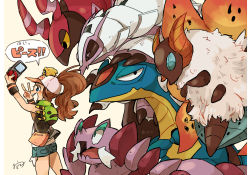 Rule 34 | 1girl, :d, arm up, armaldo, bag, bare arms, bare legs, baseball cap, black vest, blue eyes, brown hair, closed mouth, creatures (company), denim, denim shorts, drapion, exposed pocket, flying, from side, game freak, gen 2 pokemon, gen 3 pokemon, gen 4 pokemon, gen 5 pokemon, gen 7 pokemon, golisopod, hand up, hat, high ponytail, hilda (pokemon), holding, joltik, long hair, looking at another, looking at viewer, nintendo, on head, open clothes, open mouth, open vest, ozato (doituitaria), pokemon, pokemon (creature), pokemon bw, pokemon on head, scolipede, selfie, shirt, shorts, shoulder bag, sidelocks, signature, sleeveless, sleeveless shirt, smile, spinarak, standing, v, vest, volcarona, white shirt, wristband