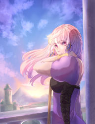 Rule 34 | 1girl, blue sky, closed mouth, day, dress, fire emblem, fire emblem: three houses, floating hair, hand in own hair, highres, long hair, long sleeves, looking at viewer, looking back, lysithea von ordelia, mountainous horizon, nintendo, outdoors, purple dress, red eyes, riou (pooh920), shoulder blades, silver hair, sky, solo, very long hair