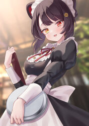 Rule 34 | 1girl, absurdres, animal ears, apron, black dress, blurry, blurry background, blush, brown hair, dog ears, dog girl, dress, fang, hair ornament, heterochromia, highres, holding, holding menu, holding plate, inui toko, inui toko (7th costume), inui toko (8th costume), juliet sleeves, long sleeves, looking at viewer, maid, maid apron, maid headdress, menu, nijisanji, official alternate costume, open mouth, plate, puffy sleeves, red eyes, regimiruku, short hair, smile, solo, virtual youtuber, white apron, yellow eyes
