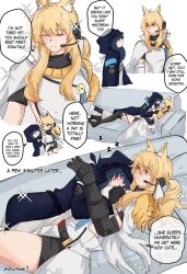 Rule 34 | 2girls, animal ear fluff, animal ears, arknights, arya melati, black hair, blonde hair, blue eyes, cape, chibi, chibi inset, closed eyes, comic, couch, doctor (arknights), female doctor (arknights), gauntlets, headset, highres, hood, hood up, hooded coat, horse ears, horse girl, hug, implied extra ears, long hair, long sleeves, looking at another, low ponytail, lying, multiple girls, multiple views, nearl (arknights), nearl the radiant knight (arknights), on back, on couch, orange eyes, ponytail, signature, sleeping, smile, sparkle, speech bubble, twitter username, white background, white cape, yuri, zzz