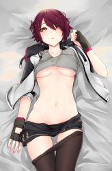 Rule 34 | 1girl, arknights, black gloves, black pantyhose, blush, breasts, breasts apart, brown eyes, clothes lift, clothes pull, collarbone, cowboy shot, exusiai (arknights), female focus, fingerless gloves, from above, gloves, grey shirt, groin, hair over one eye, halo, hand up, highres, jacket, k0ng, looking at viewer, lying, medium breasts, navel, off shoulder, on back, open clothes, open jacket, open mouth, pantyhose, pantyhose pull, purple hair, shirt, shirt lift, short hair, sidelocks, skirt, skirt pull, solo, stomach, thighs, underboob