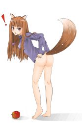 Rule 34 | !, 00s, ameya shioichi, animal ears, apple, ass, barefoot, bottomless, brown hair, food, fruit, holo, long hair, red eyes, spice and wolf, tail, wolf ears, wolf tail