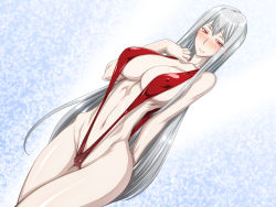 Rule 34 | 00s, 1girl, :&gt;, arm behind back, blush, breasts, ebido, covered erect nipples, large breasts, long hair, looking at viewer, pale skin, red eyes, selvaria bles, senjou no valkyria (series), silver hair, slingshot swimsuit, solo, swimsuit, very long hair, wide hips