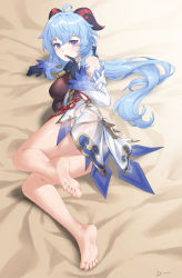 Rule 34 | 1girl, absurdres, barefoot, blue hair, feet, finger to mouth, ganyu (genshin impact), genshin impact, highres, horns, long hair, looking at viewer, lying, on side, parted lips, purple eyes, soles, thighs, toes