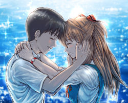 Rule 34 | 1boy, 1girl, arms around neck, black hair, blush, bow, bowtie, brown hair, closed eyes, forehead-to-forehead, from side, hands on another&#039;s face, heads together, highres, interface headset, kazumiminagawa, long hair, neon genesis evangelion, red ribbon, ribbon, school uniform, shirt, skirt, smile, souryuu asuka langley, suspender skirt, suspenders, tokyo-3 middle school uniform, two side up, upper body, watch, water, white shirt, wristwatch