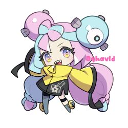 1girl :d blue_hair bow-shaped_hair character_hair_ornament chibi chibi_only creatures_(company) eyelashes full_body game_freak grey_pantyhose hair_ornament highres iono_(pokemon) jacket long_hair long_sleeves looking_at_viewer nintendo open_mouth pantyhose pink_eyes pink_hair pokemon pokemon_sv qhavld sharp_teeth single_leg_pantyhose sleeves_past_fingers sleeves_past_wrists smile solo teeth thigh_strap twintails twitter_username upper_teeth_only very_long_hair white_background wide_sleeves yellow_jacket