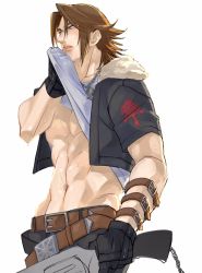 Rule 34 | 1boy, abs, arm strap, bara, belt, belt buckle, blue eyes, brown hair, buckle, cropped jacket, earrings, final fantasy, final fantasy viii, gunblade, highres, holding, holding weapon, jacket, jewelry, kingdom hearts, leather, leather jacket, shirt lift, mature male, medium hair, muscular, muscular male, parted bangs, pectorals, ryouto, scar, scar on face, shirt, single earring, solo, squall leonhart, sweat, weapon, white background, white shirt