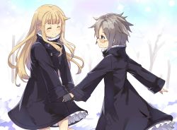 Rule 34 | 2girls, ange (princess principal), bare tree, black gloves, blonde hair, blue eyes, blurry, blurry background, blush, day, closed eyes, glasses, gloves, grey hair, holding hands, highres, looking at another, multiple girls, normaland, outdoors, princess (princess principal), princess principal, short hair, standing, tree, winter clothes, yuri