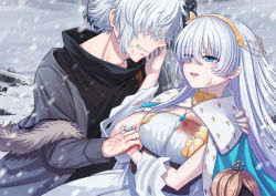 Rule 34 | 1boy, 1girl, anastasia (fate), blood, blue cape, blue eyes, cape, command spell, commentary request, dress, fate/grand order, fate (series), fur-trimmed jacket, fur trim, hair between eyes, hair over one eye, hairband, holding, jacket, kadoc zemlupus, long hair, mizunashi hayate, royal robe, silver hair, very long hair, white dress, yellow eyes, yellow hairband