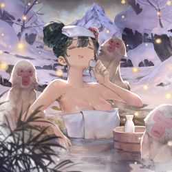 Rule 34 | 1girl, :d, absurdres, arm rest, bare tree, blurry, blurry foreground, bottle, breasts, closed eyes, commentary, cup, english commentary, fireflies, green hair, hair bun, highres, holding, holding cup, japanese macaque, jung wonjo, monkey, naked towel, onsen, open mouth, original, outdoors, partially submerged, plant, single hair bun, smile, snow, solo, towel, towel on head, tree, water, wet