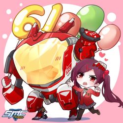 Rule 34 | 1girl, balloon, black hair, blush, chibi, children&#039;s day, firefox (smc), frown, headpat, heart, highres, logo, mecha, ning (smc), official art, red eyes, robot, simple background, super mecha champions, thighhighs, twintails, uniform