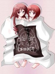 Rule 34 | 00s, 2girls, barefoot, full body, heterochromia, looking at viewer, multiple girls, oversized clothes, red hair, rozen maiden, shirt, short hair, siblings, sisters, souseiseki, standing, straightchromia, suiseiseki, t-shirt, toes, twins