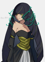 Rule 34 | 1girl, alternate costume, alternate hair color, black dress, black hair, blunt bangs, breasts, closed mouth, collarbone, commentary request, creatures (company), detached sleeves, dress, echizen (n fns17), game freak, green eyes, highres, lusamine (pokemon), mahou tsukai no yome, medium breasts, multicolored hair, nintendo, pokemon, pokemon sm, simple background, smile, solo, strapless, strapless dress, streaked hair, titania (mahou tsukai no yome), translation request, white background
