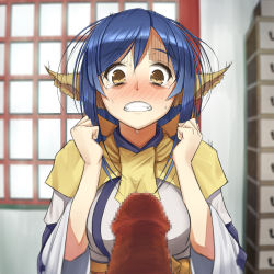 Rule 34 | 10s, 1girl, animal ears, bad id, bad pixiv id, blue hair, blush, breasts, censored, clenched hands, clenched teeth, eyebrows, fangs, hands up, indoors, japanese clothes, kuon (utawarerumono), long hair, looking at viewer, medium breasts, mob3, mosaic censoring, penis, penis awe, pov, solo focus, sweat, tearing up, tears, teeth, traditional clothes, trembling, upper body, utawarerumono, utawarerumono: itsuwari no kamen, window, yellow eyes