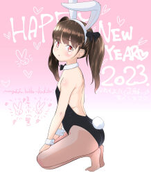 Rule 34 | 1girl, 2023, animal ears, text background, bare shoulders, black bow, black bowtie, black leotard, blush, bow, bowtie, brown hair, brown pantyhose, chinese zodiac, collar, commentary request, detached collar, from side, full body, hair bow, hairband, happy birthday, highres, kneeling, leotard, long hair, looking at viewer, looking to the side, mayafufu, no shoes, original, pantyhose, parted lips, playboy bunny, profile, rabbit ears, rabbit tail, red eyes, soles, solo, strapless, strapless leotard, tail, translation request, twintails, white collar, white hairband, wrist cuffs, year of the rabbit