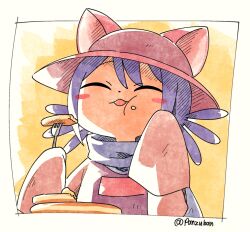 Rule 34 | 1other, androgynous, animal ears, animal hat, blue hair, blue scarf, blush, brown headwear, brown tunic, cat ears, cat hat, closed eyes, eating, food, fork, hat, holding, holding fork, niko (oneshot), oneshot (game), pancake, panzuban, scarf, whiskers