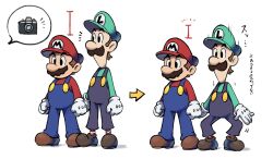 Rule 34 | 2boys, alternate color hat, big nose, blue eyes, blue overalls, boots, brothers, brown footwear, brown hair, camera, facial hair, gloves, green headwear, green shirt, hat, highres, luigi, mario, mario &amp; luigi: superstar saga, mario &amp; luigi rpg, mario (series), masanori sato (style), multiple boys, mustache, nintendo, official style, overalls, plumber, red headwear, red overalls, red shirt, shirt, short hair, siblings, simple background, socks, squatting, striped clothes, striped socks, white gloves, ya mari 6363